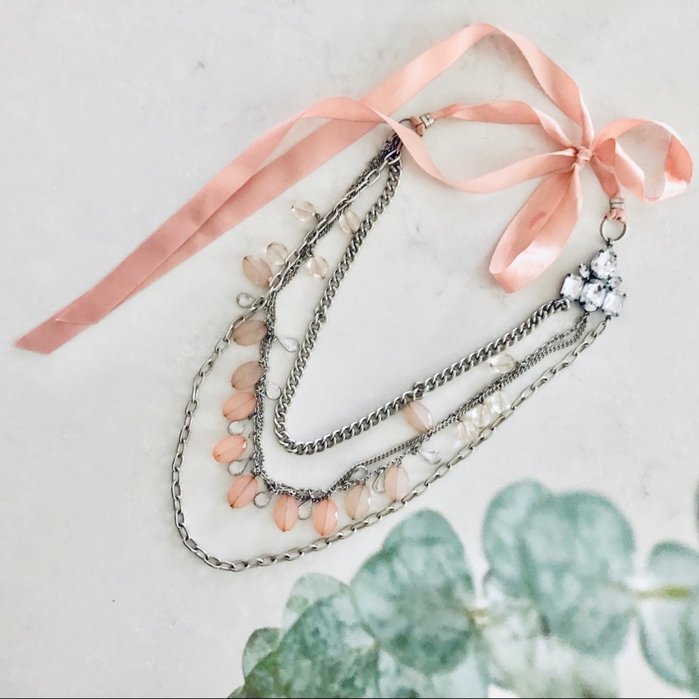 Triple Strand Silver and Pink Necklace with Ribbon from Express
